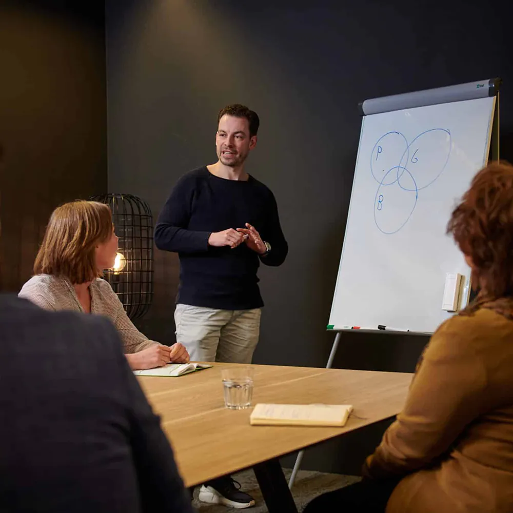 Man geeft presentatie aan een kleine groep mensen bij een flip-over met diagram tijdens een Hero Academy sessie | Mr Cashflow