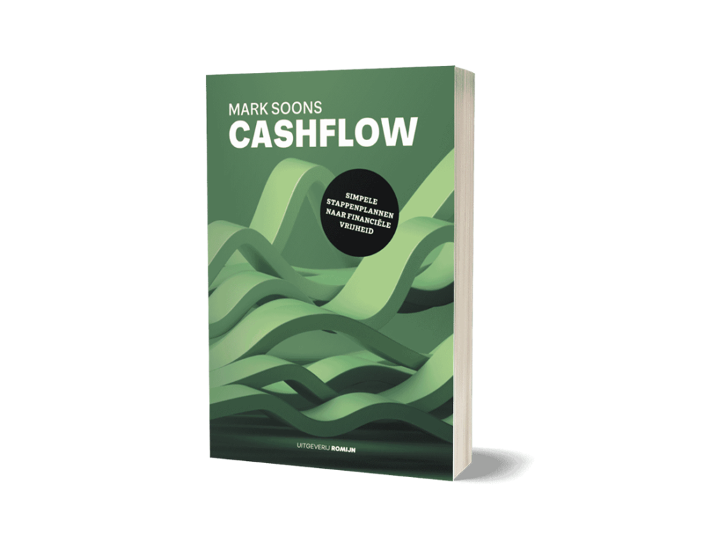 Boekcover van 'Cashflow' door Mark Soons met groene golvende lijnen en de tekst 'Simpele stappenplannen naar financiële vrijheid' | Mr Cashflow